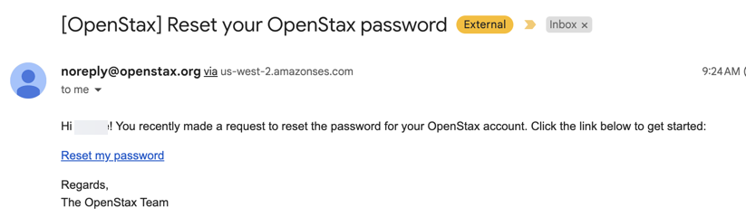 Password reset email from noreply@openstax.org with the reset link.