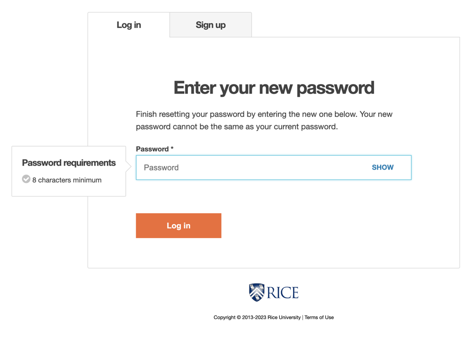 New password entry screen with the Log in button.