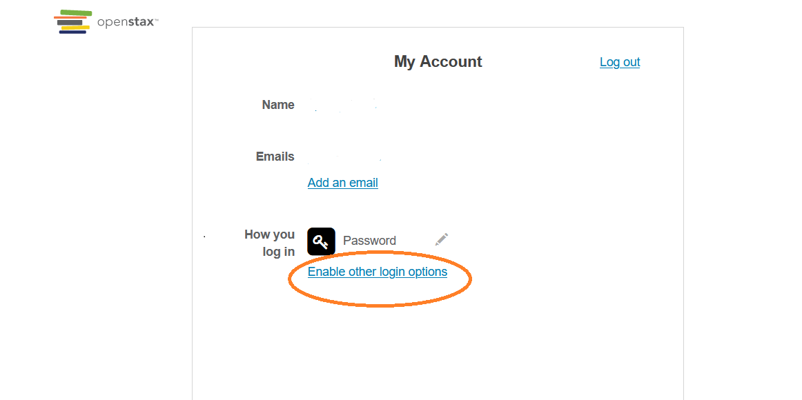 Account Profile showing the Enable other log in options link.