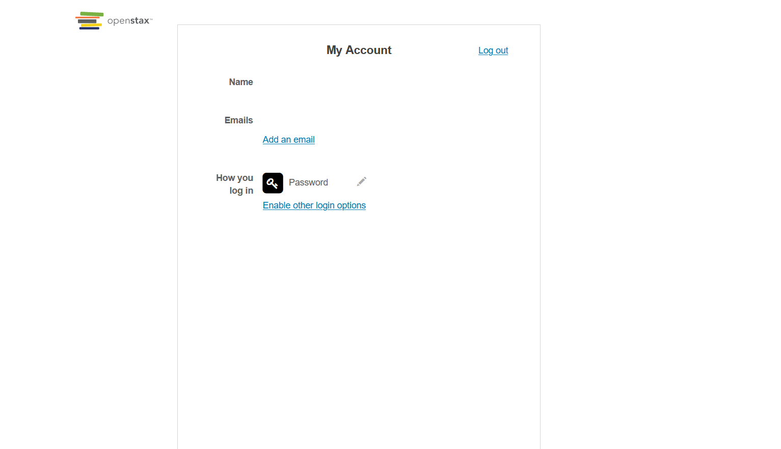 Account Profile page showing the Emails, Login Options, and Password sections.