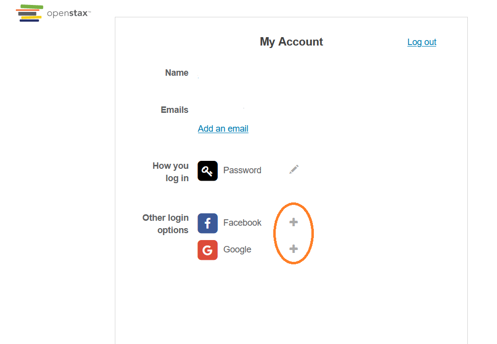 Login options page showing Google, Facebook, and password methods with plus sign buttons to add each.
