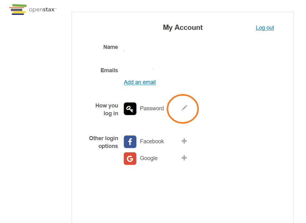 Login options page showing the pencil icon next to the password option.