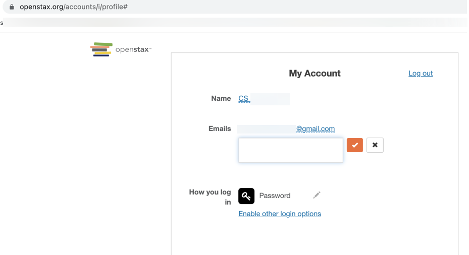 Account Profile email field with the orange check mark button to confirm the new email address.