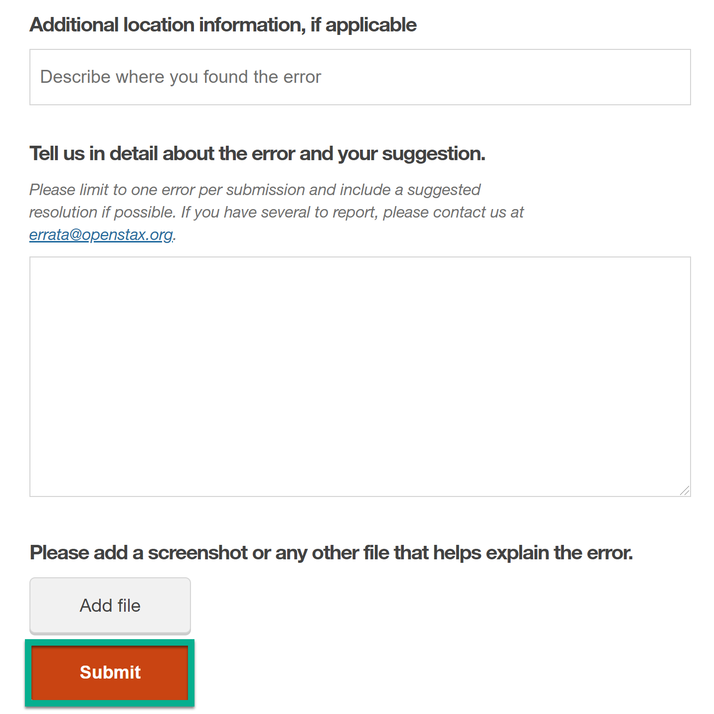 Errata submission form with fields for describing the error and a Submit button.