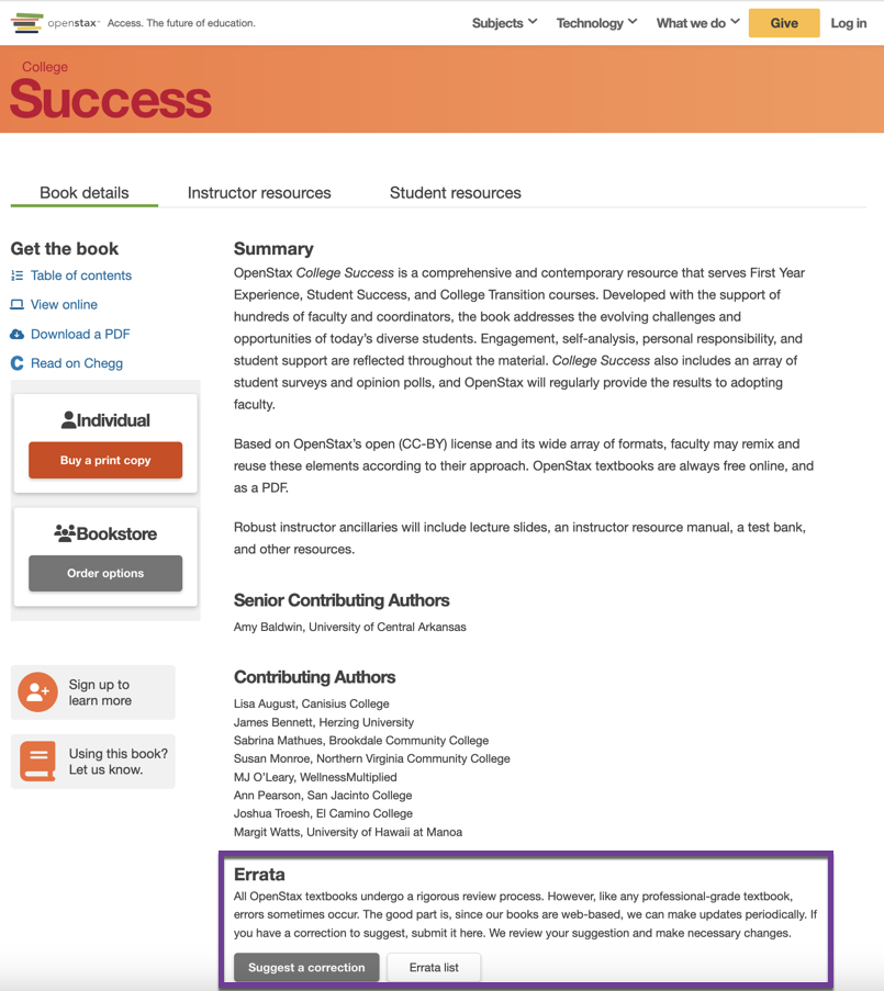 Errata section on the College Success book details page with the Suggest a Correction button.