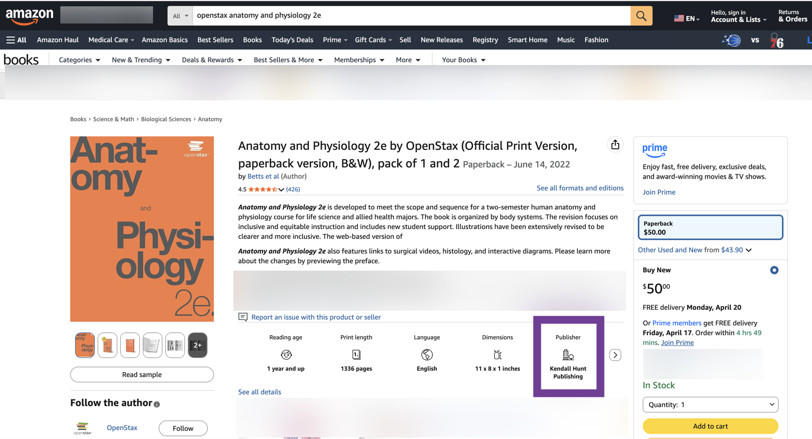 OpenStax Anatomy and Physiology 2e on Amazon