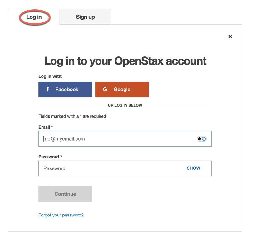 Login page with the Log in tab highlighted on the left.