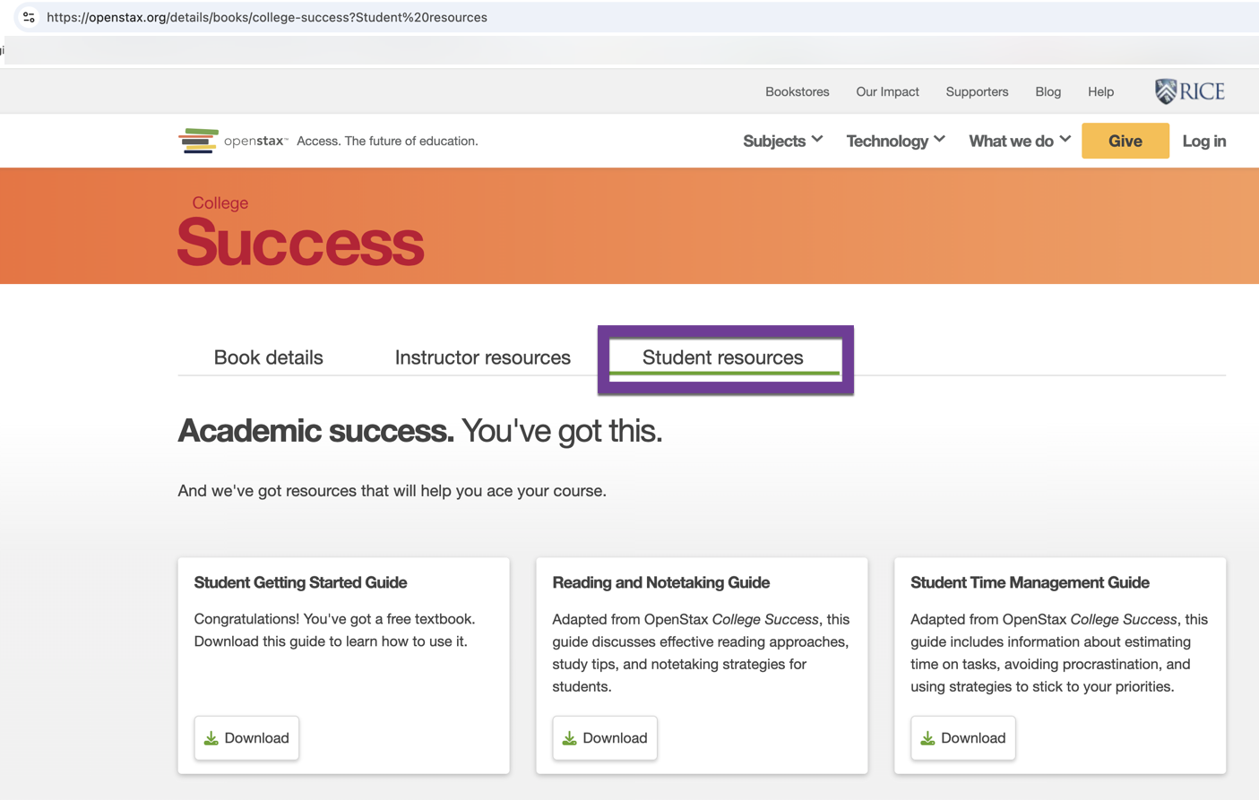 College Success book details page showing the Student Resources tab.