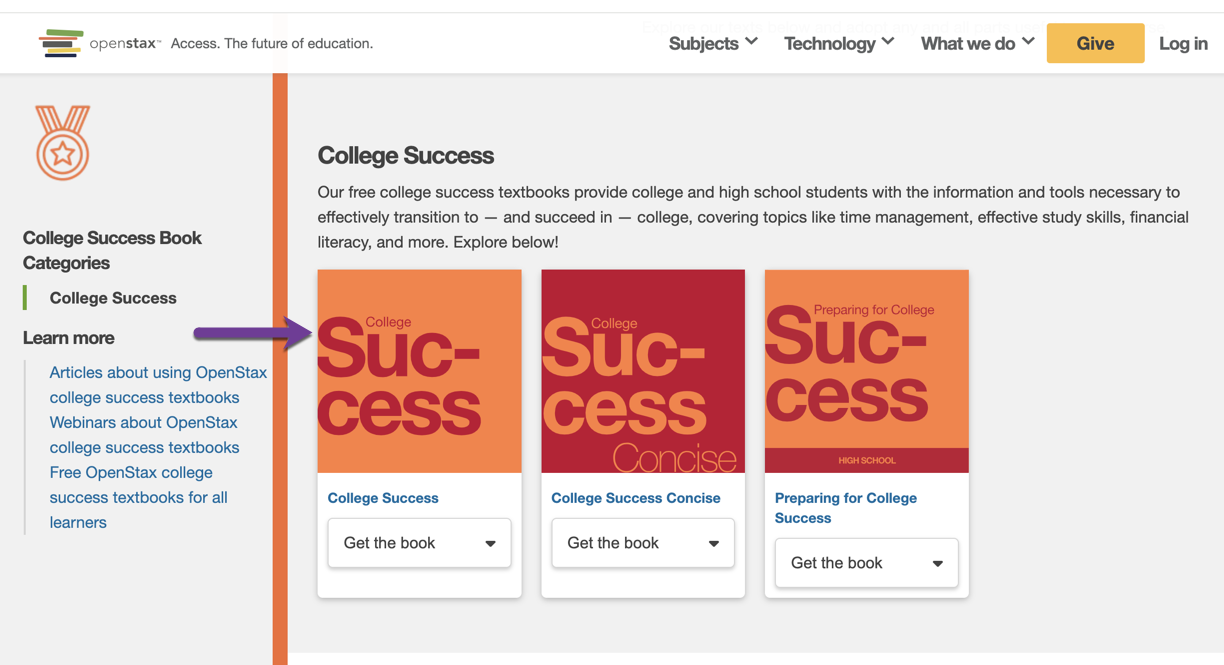 College Success category page showing the College Success textbook cover.