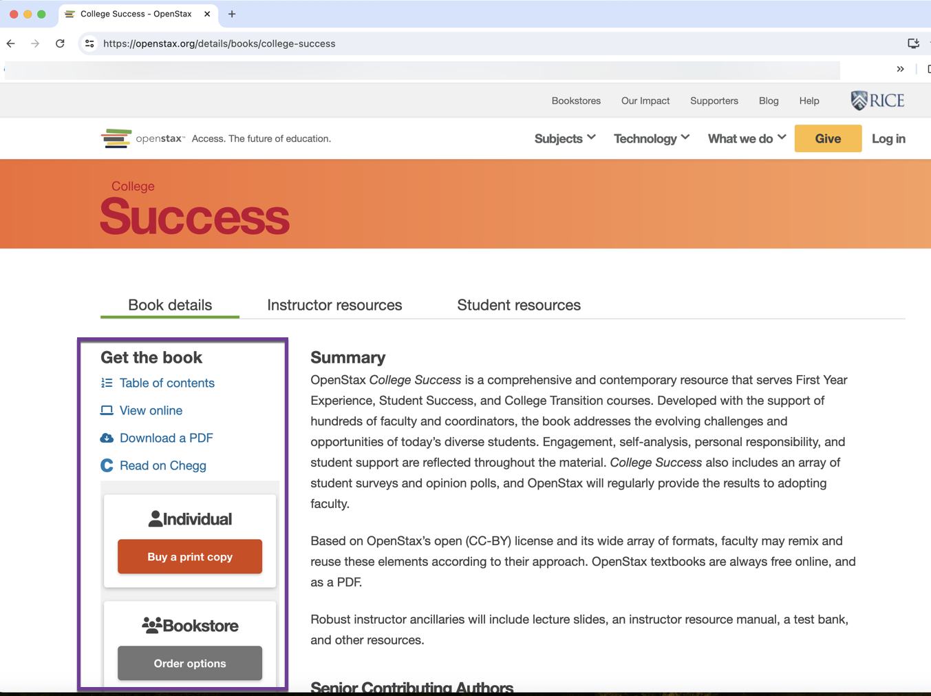 College Success book details page showing available formats under the Get the book heading.
