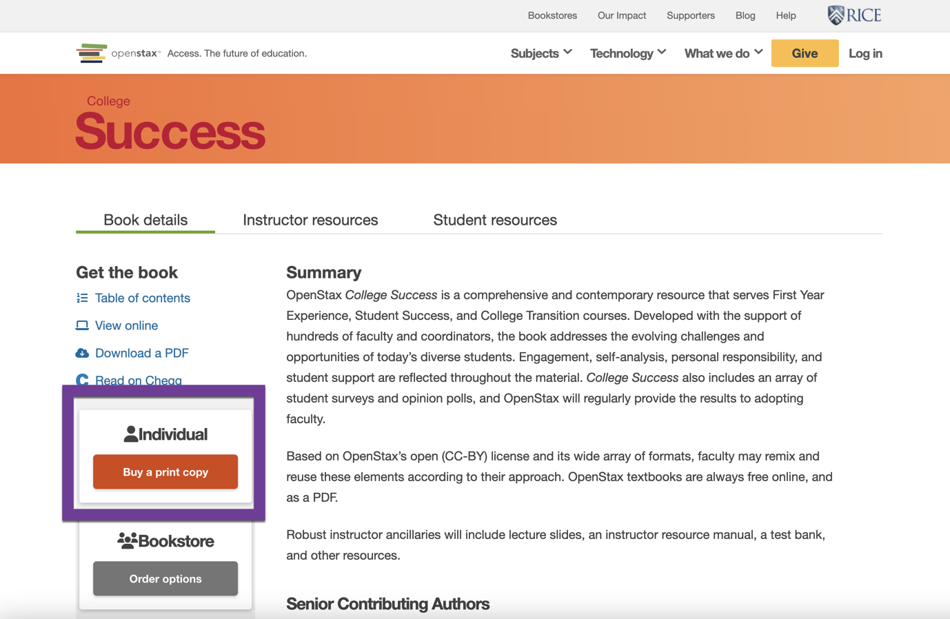 College Success book details page showing the Order a print copy option under the Get the book heading.
