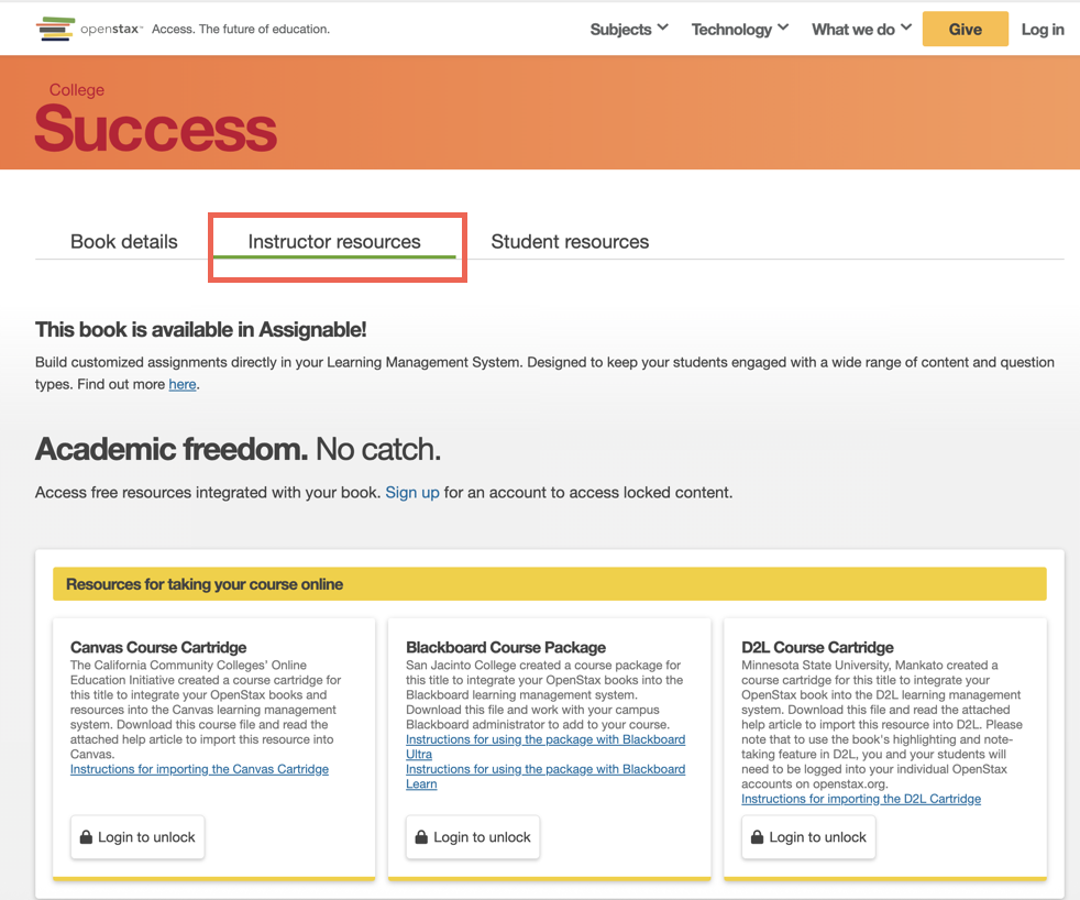 College Success book details page showing the Instructor Resources tab with available materials listed.