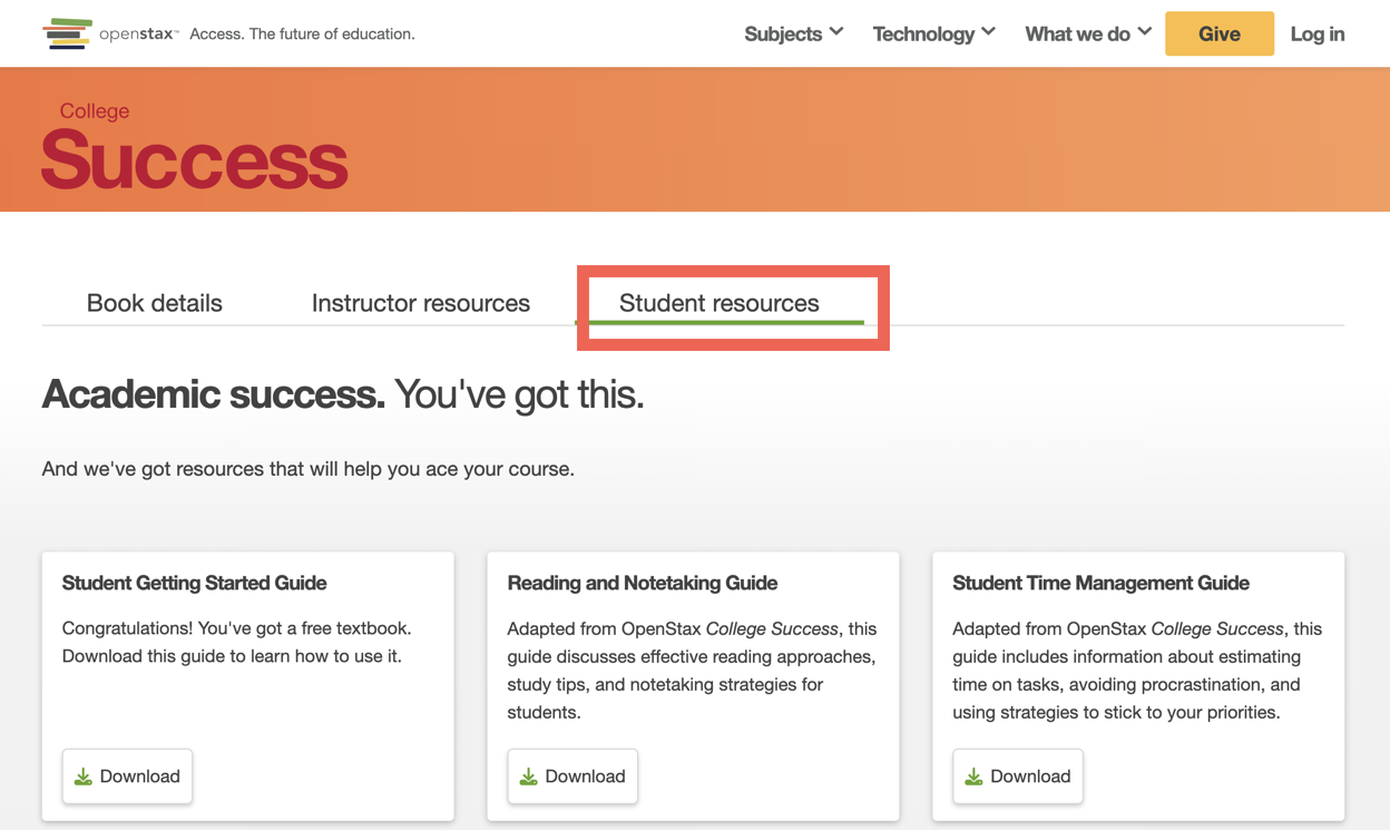 College Success book details page showing the Student Resources tab with available materials listed.