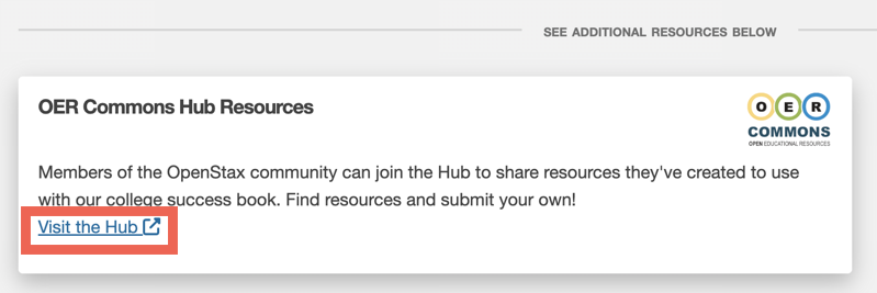 Instructor Resources page showing the Visit the Hub link for OER Commons.