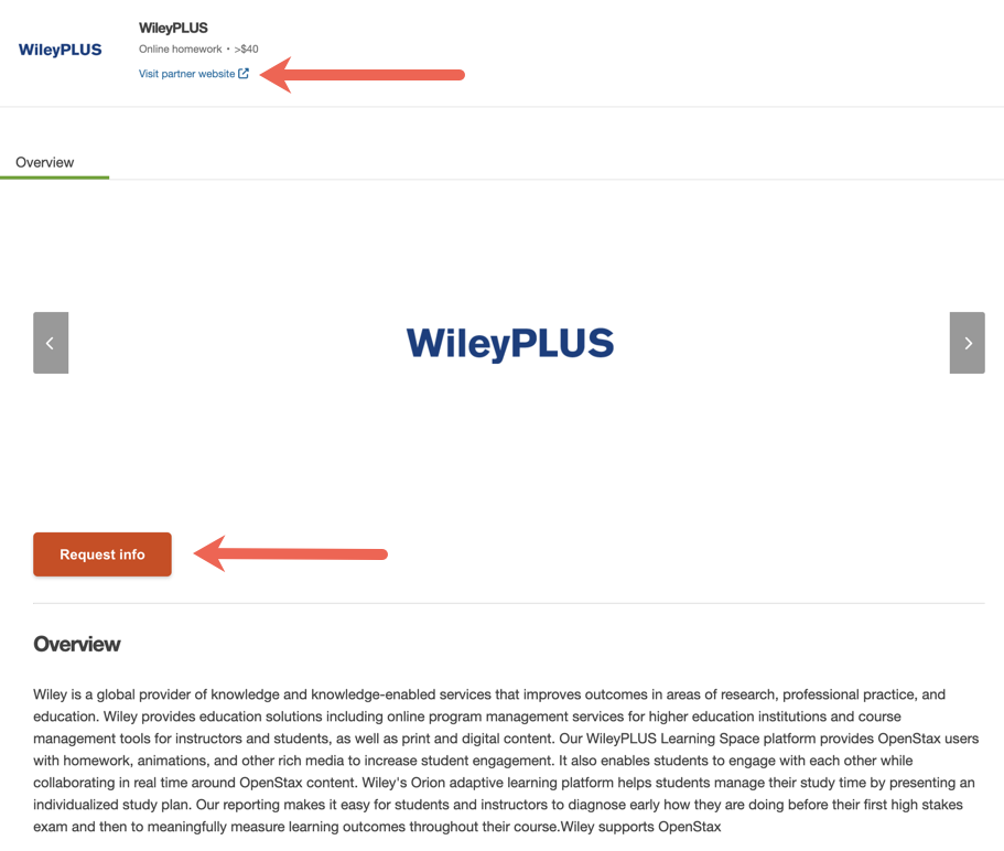 Partner detail tile showing product overview, orange Request Info button, and blue Visit partner website link