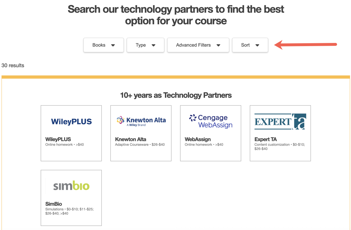 OpenStax Technology Partners tool showing the Book, Type, Advanced, and Sort filter menu