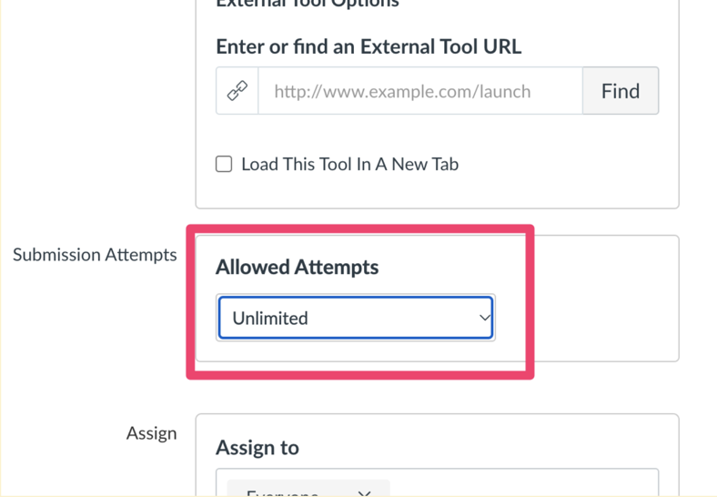 Canvas assignment settings with the Submission attempts field set to Unlimited