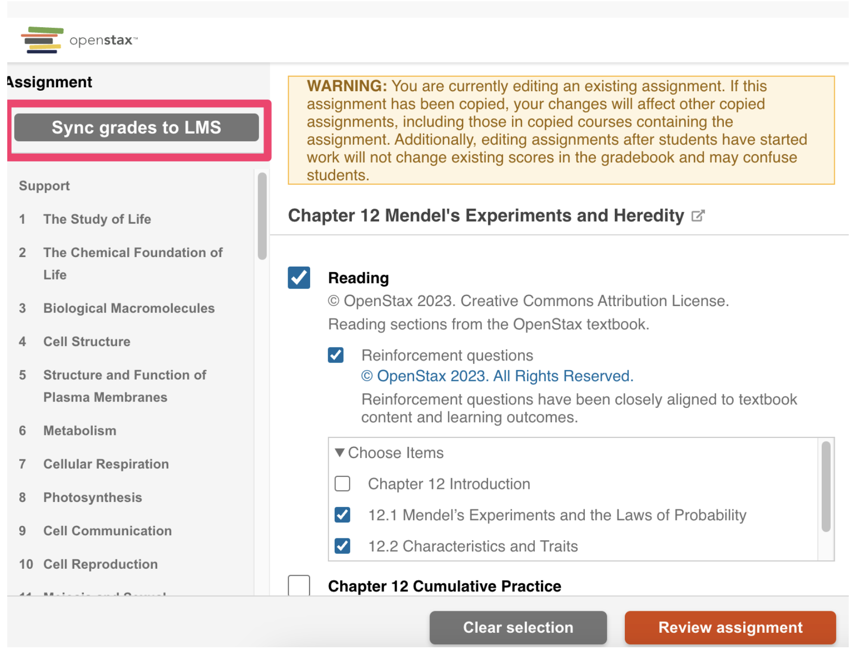 Assignment editing screen with the Sync grades to LMS button highlighted