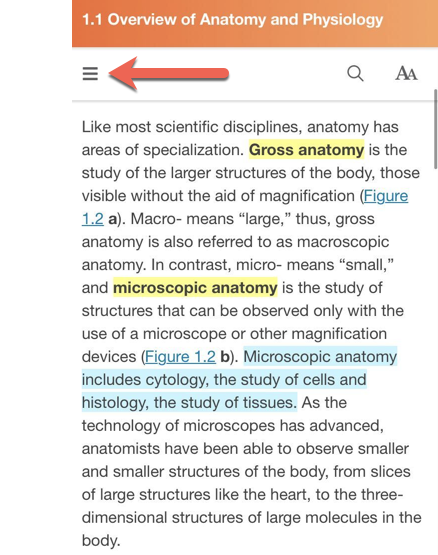 Three-line menu icon in the upper left corner of the mobile book view
