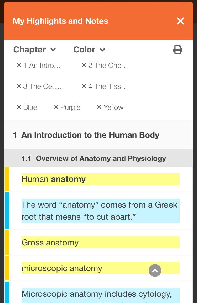 My Highlights and Notes panel displayed in mobile view, listing highlights from the current chapter
