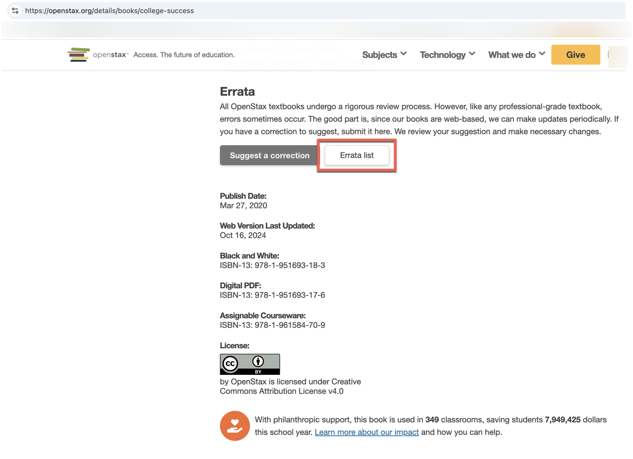 Errata section on the College Success book details page listing submitted errata entries