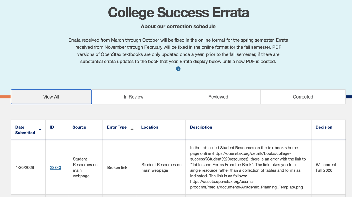 College Success errata submissions page with status filter showing view all, in review, and reviewed and corrected options