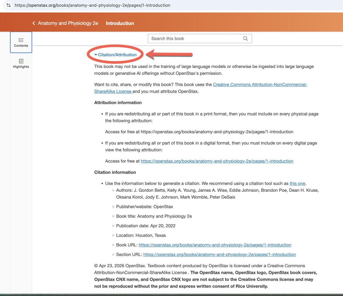 Citation and Attribution information for Anatomy and Physiology 2e