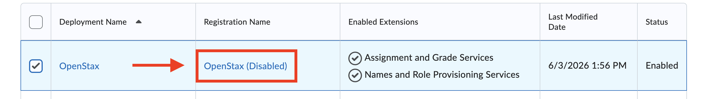 External Learning Tools list with OpenStax tool available to edit