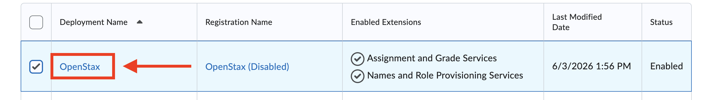 External Learning Tools list showing the OpenStax deployment