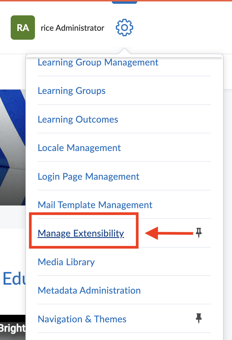 D2L Admin menu with the Manage Extensibility option highlighted