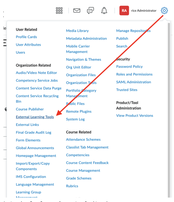 The administrator settings with External Learning Tools listed