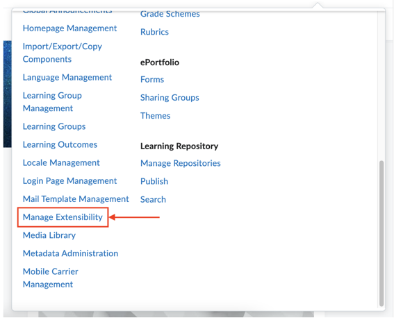 The D2L Admin menu expanded, with Manage Extensibility listed among the tools