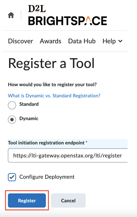 The tool registration form set to Dynamic, with the endpoint URL entered and Configure Deployment checked