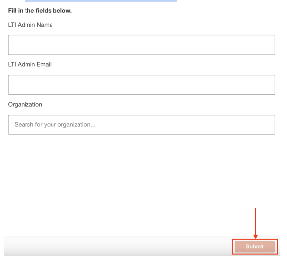 The OpenStax LTI registration form with admin contact fields and an institution dropdown