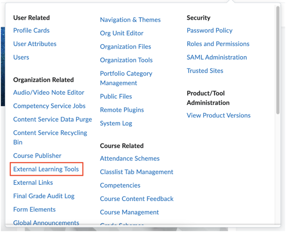 The D2L admin menu with External Learning Tools listed