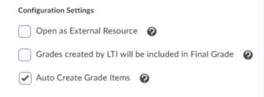 The Configuration Settings area with Auto Create Grade Items selected