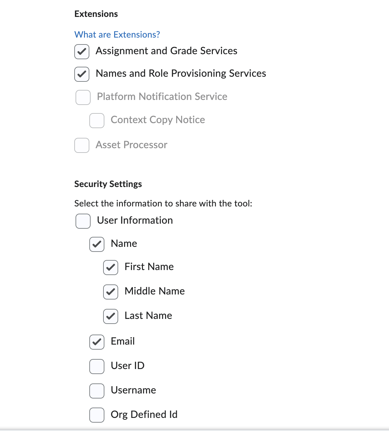 User information settings with Org Unit Information, usernames, and email addresses enabled
