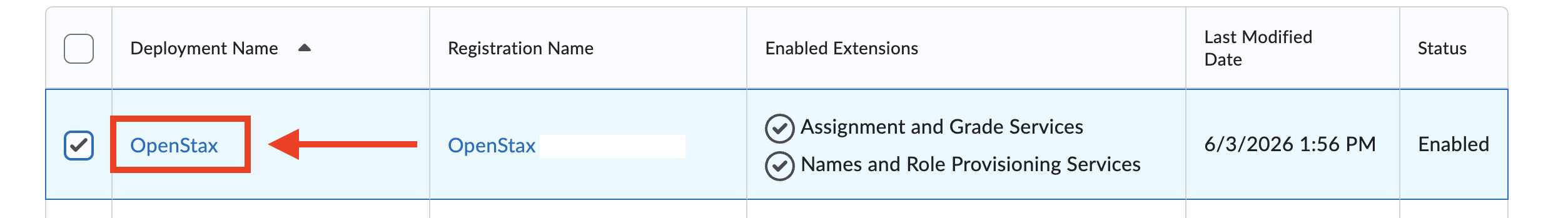 The deployment list showing the OpenStax deployment name