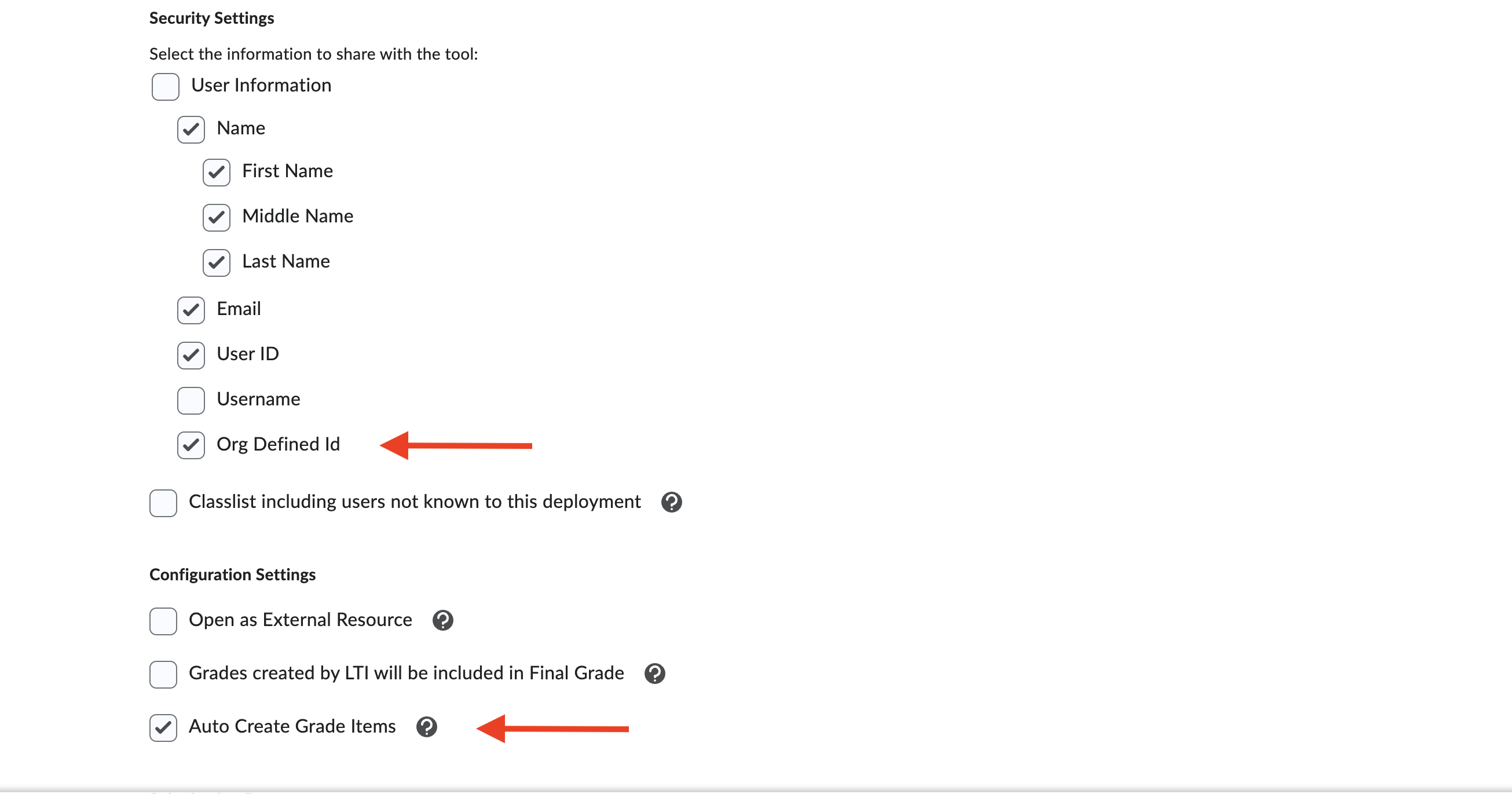 The Security Settings with Org Defined ID selected and Auto Create Grade Items checked