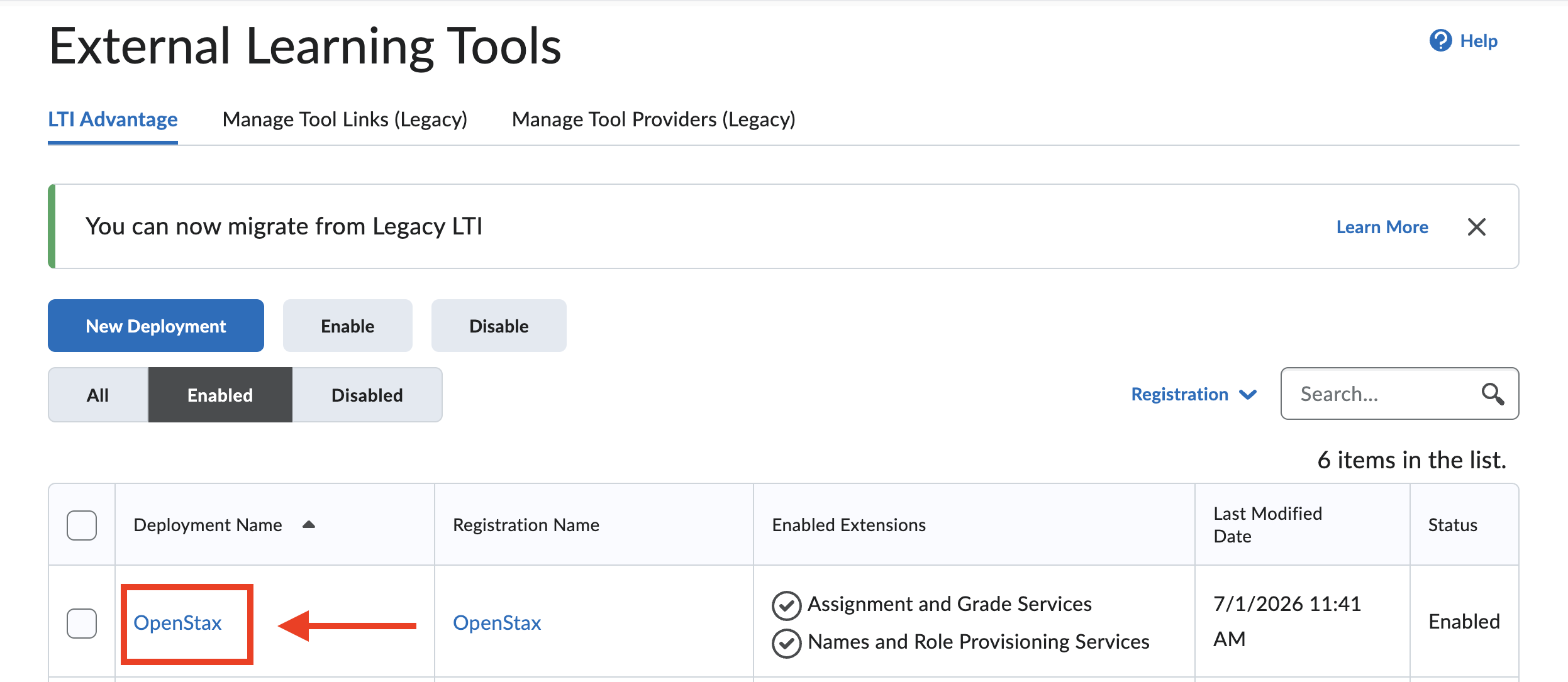 The External Learning Tools list with OpenStax selected