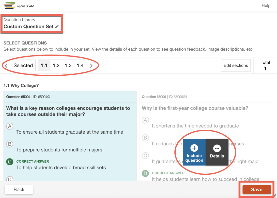 The question set editor showing available questions with add, remove, and Details options
