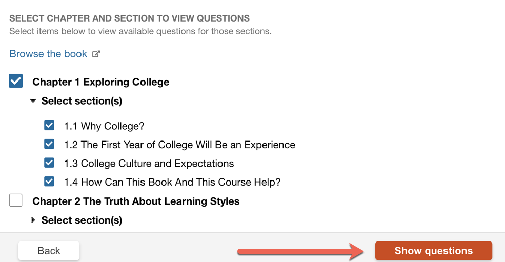 The chapter and section selection screen with a Show questions button