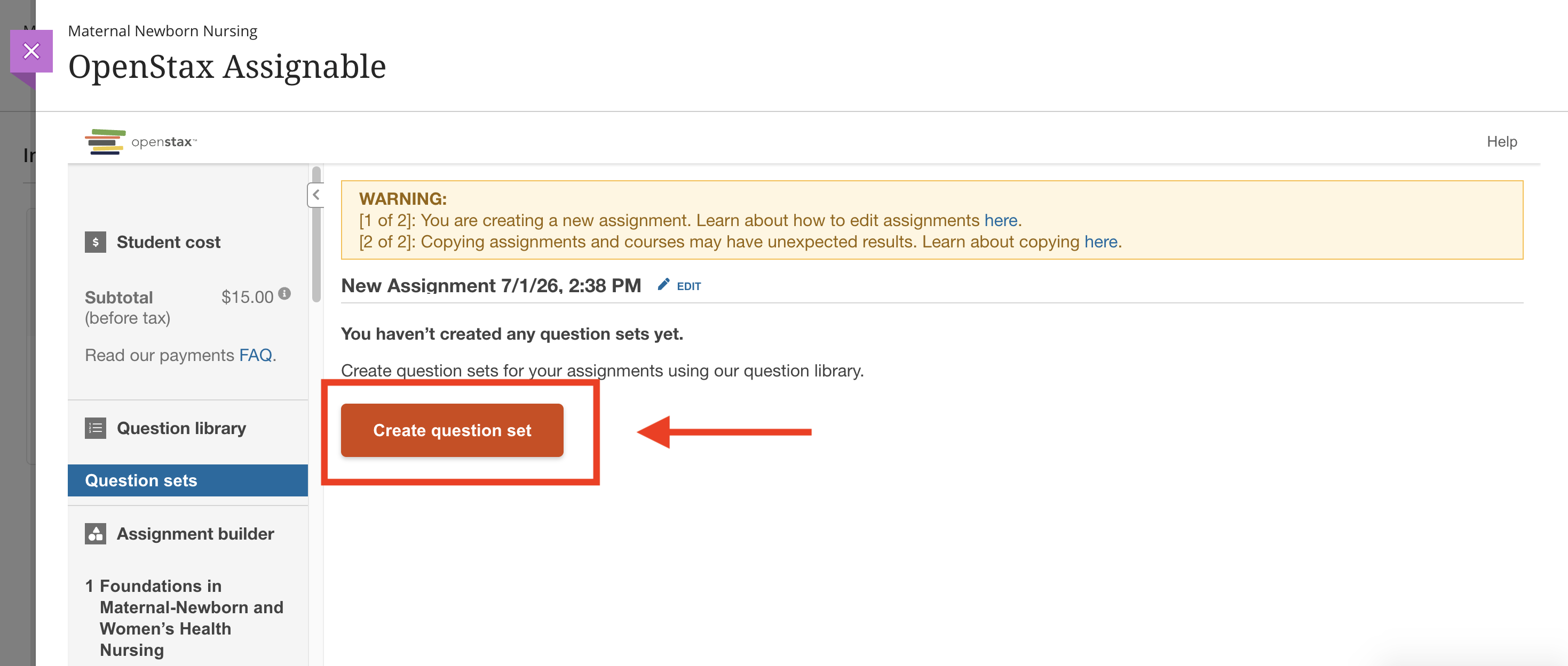 The Question Sets panel with the Create question set button