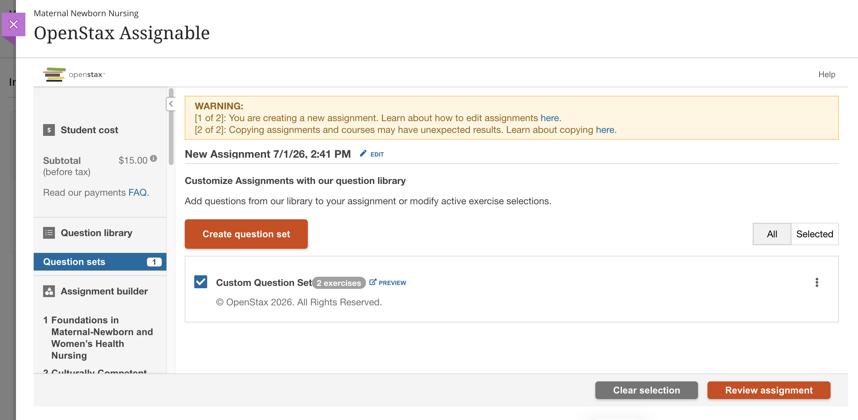 The assignment builder showing the created question set with a three-dot menu and a Review assignment button