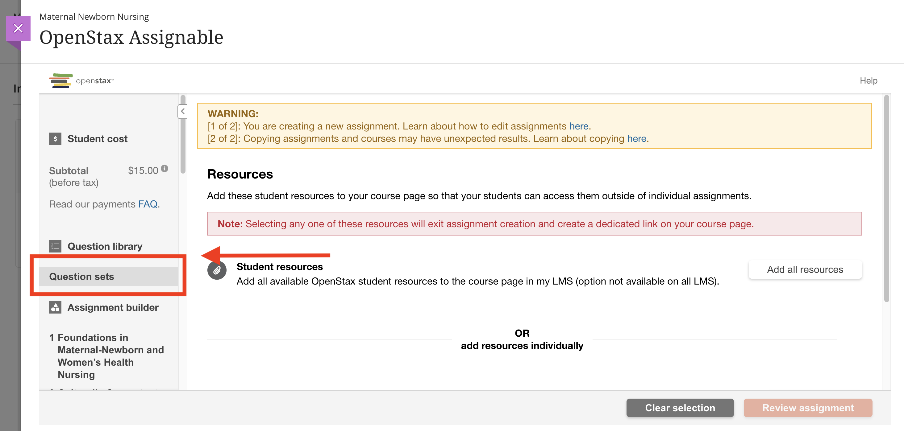 The Assignable assignment builder with Question Sets selected under Question Library in the left sidebar