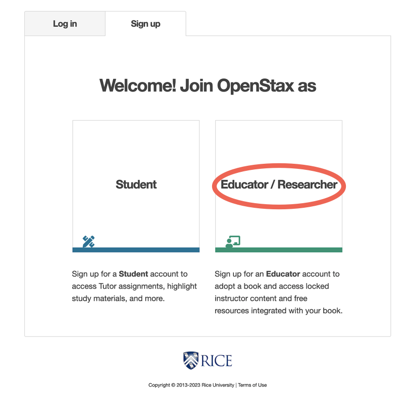 Educator Researcher tile on accounts sign up page