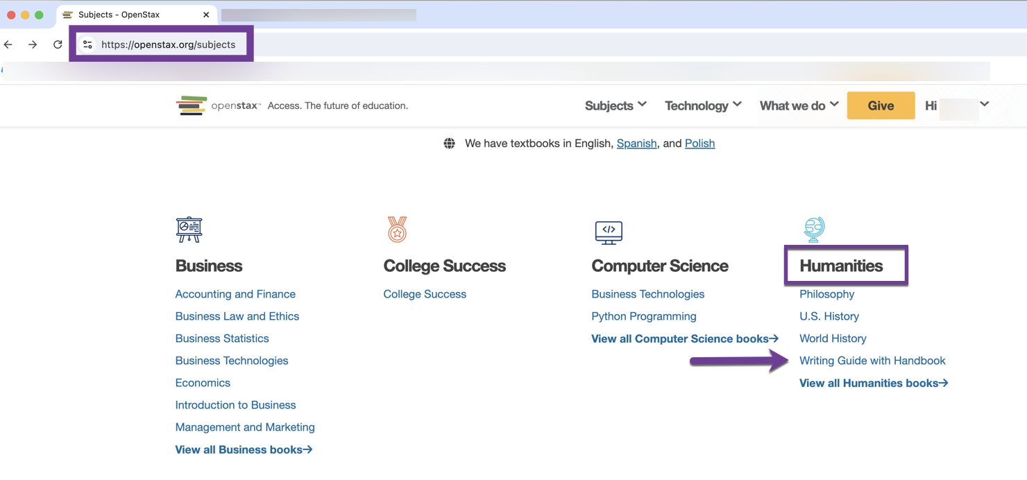 Choosing Humanities Category on Subjects page