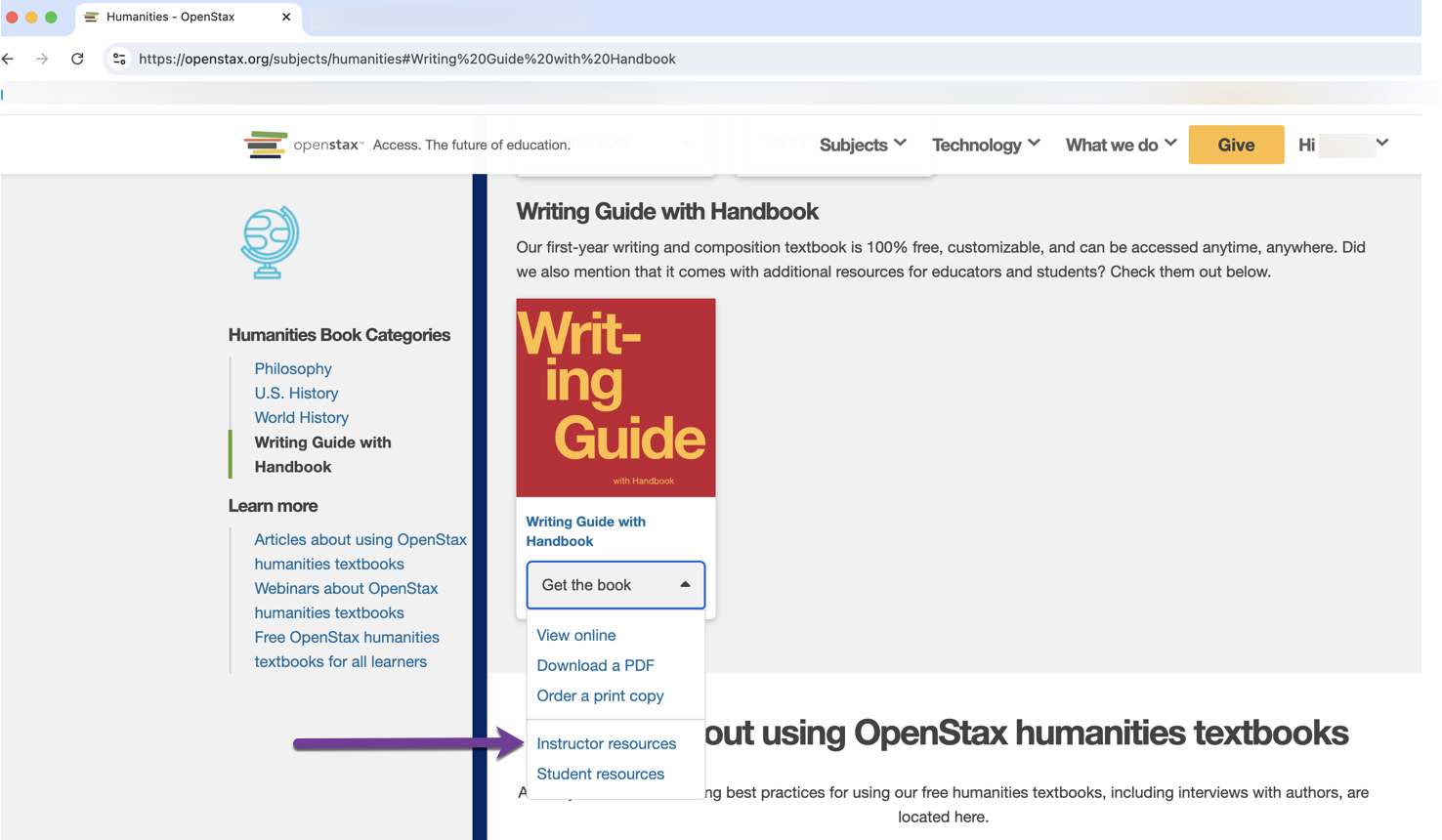Instructor Resources Option on the Categories page