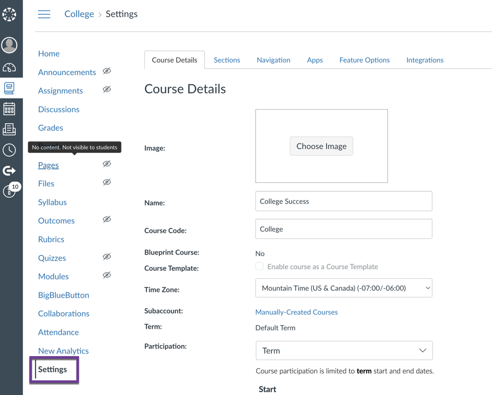 Settings in Canvas Course