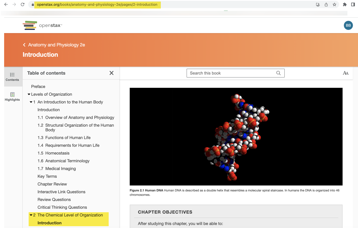 OpenStax textbook table of contents showing chapter and section links that can be copied into an LMS.